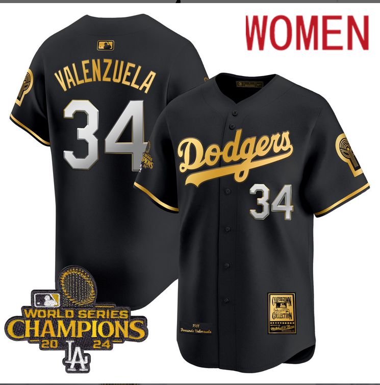 Women MLB Los Angeles Dodgers #34 Valenzuela black 2024 World Series Champions Patch Cooperstown Jersey->women mlb jersey->Women Jersey